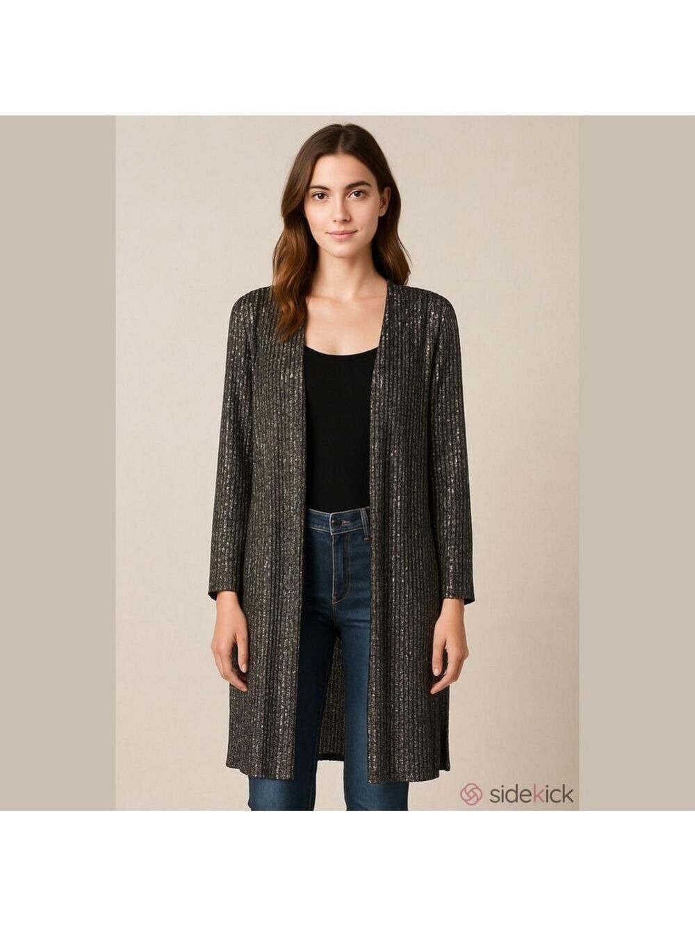 ANNE KLEIN Elegant Black & Silver Sequin Long Duster/Jacket - Picture 1 of 8